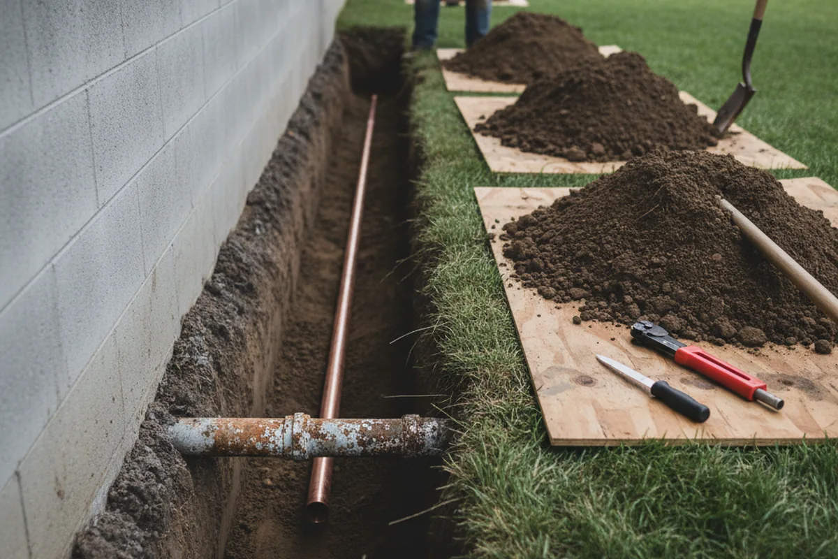 Excavated water line trench during Water Softener Installation in Congerville
